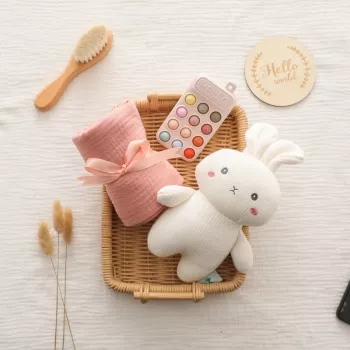Muslin Baby Towel Set + Pink Bunny Blanket for Bedtime